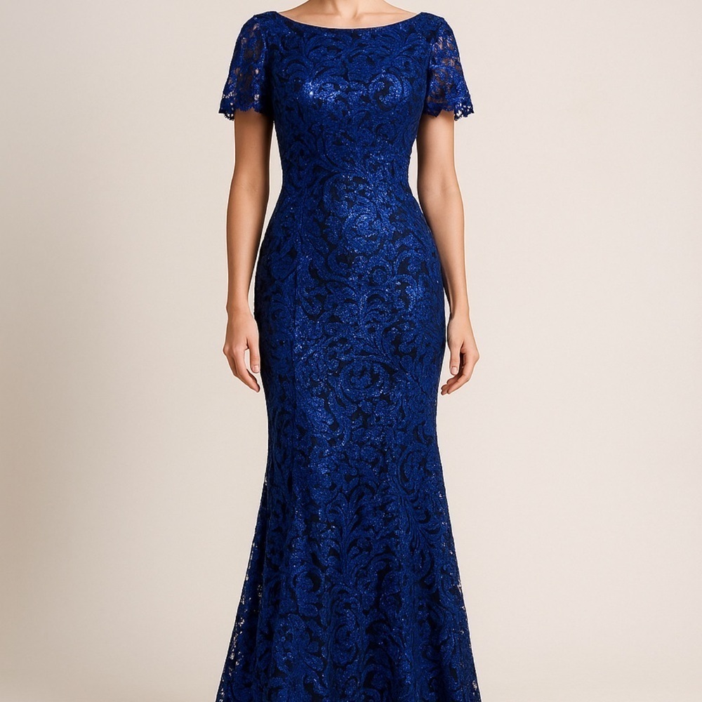 Marchesa Notte Cobalt Blue Metallic Lace Evening Gown NWT